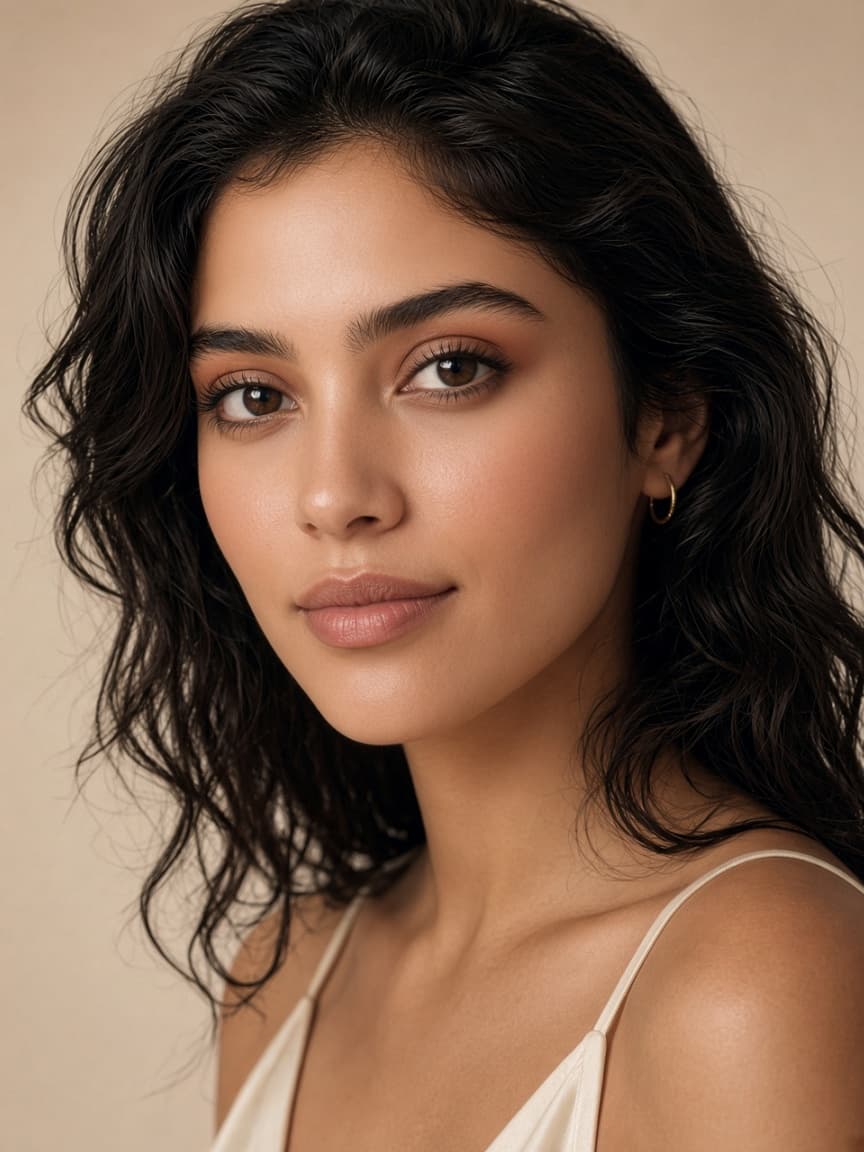 The same face with eyes, brows, and blush refined
