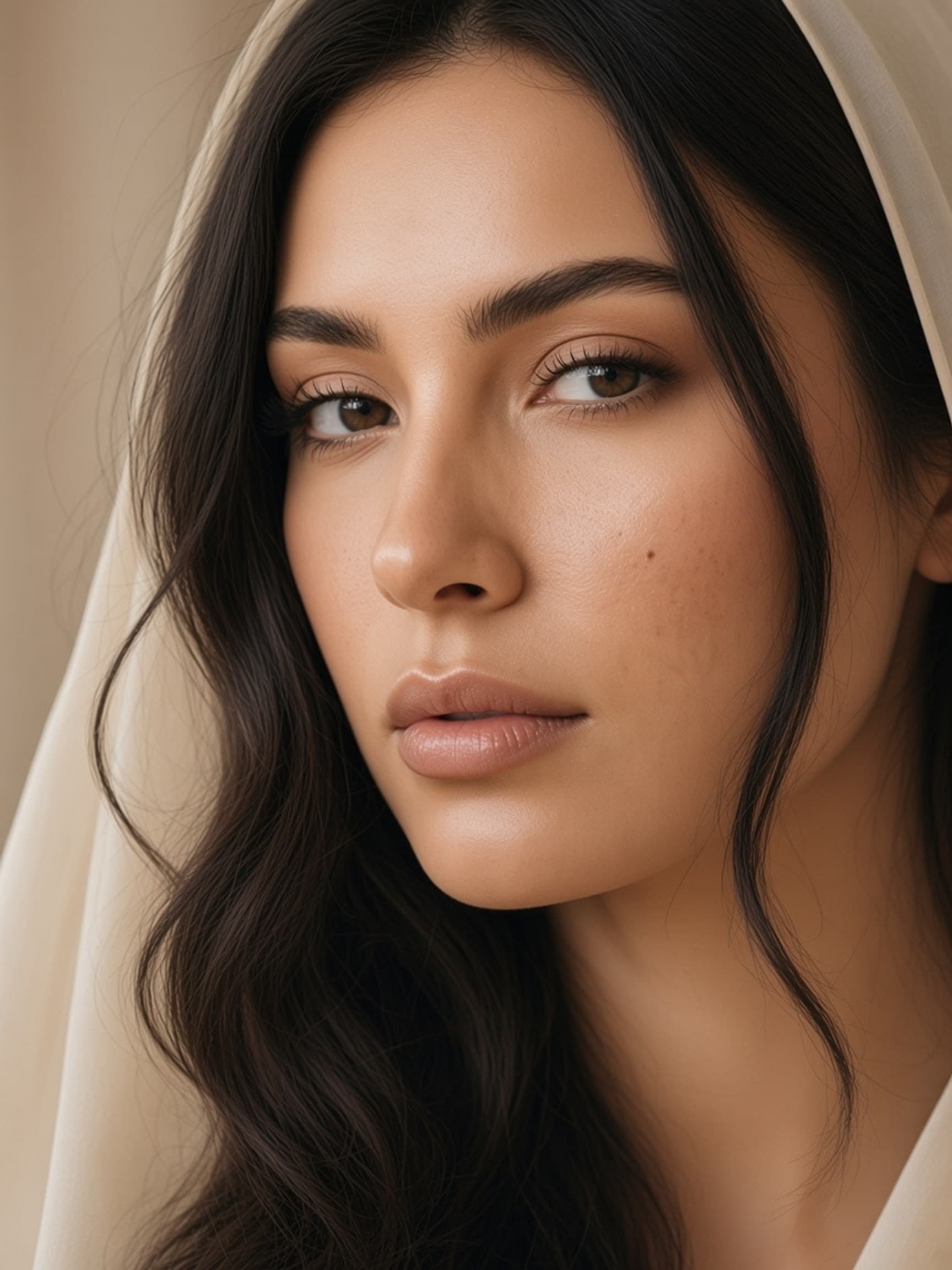 CLARALINE campaign look — model with sheer ivory veil